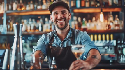 Smiling Man Behind Bar - obrazy, fototapety, plakaty