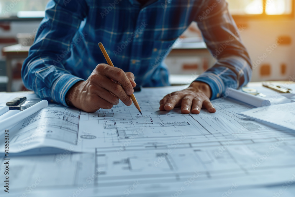 Poster a man sitting at a table with a pencil in his hand. can be used for educational or creative projects