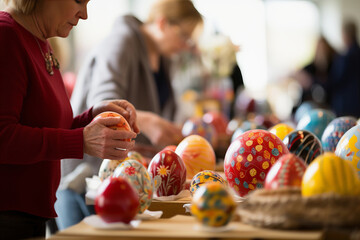 Mature woman chooses a gift. Colorful Festive Easter Market with Easter Decorations