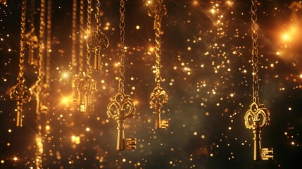 Delicate golden keys unlocking a realm of enchanting love, suspended in a celestial starlit sky