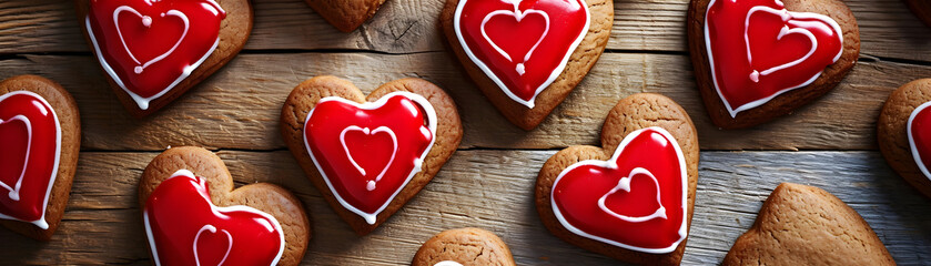 Closeup of gingerbread heart cookies with red glaze and icing on wooden table texture banner, flat lay, top view