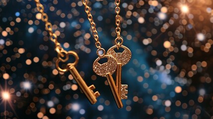 Delicate golden keys unlocking a realm of enchanting love, suspended in a celestial starlit sky