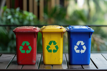 Three recycleable trash cans sitting on a table. Suitable for environmental and waste management concepts