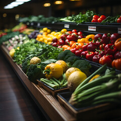 Fresh organic produce displayed at grocery store. Healthy food and lifestyle