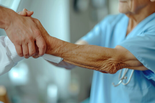 A nurse gently holds the arm of a patient, providing support and care. This image can be used to depict healthcare, medical assistance, or patient care