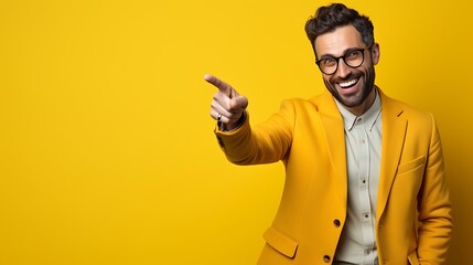 excited young man in yellow jacket pointing with finger on yellow background