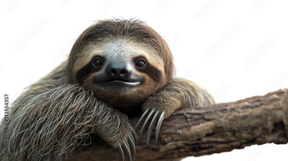Poster A detailed view of a sloth resting on a tree branch. This image can be used to depict wildlife, nature, or relaxation
