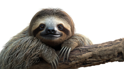 Fototapeta premium A detailed view of a sloth resting on a tree branch. This image can be used to depict wildlife, nature, or relaxation