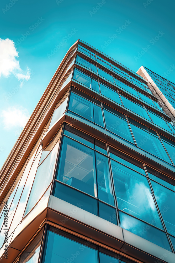 Poster A picture of a tall building with numerous windows against a backdrop of the sky. Perfect for architectural or urban-themed projects