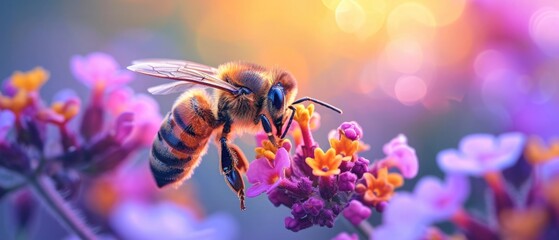 Close up photo of a bee in bright neon colors on beautiful vibrant flowers collecting nectar and pollinating. Neon pink, purple, yellow - obrazy, fototapety, plakaty