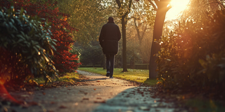 A person is seen walking down a path in a peaceful park. This image can be used to depict leisurely walks, nature, outdoor activities, and relaxation
