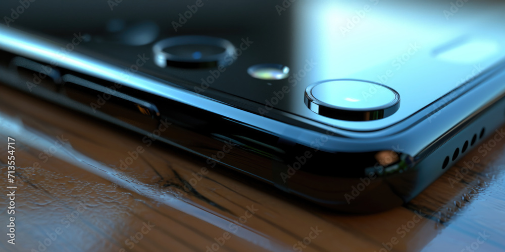 Poster A close-up view of a cell phone placed on a table. This image can be used to showcase modern technology or to represent communication and connectivity