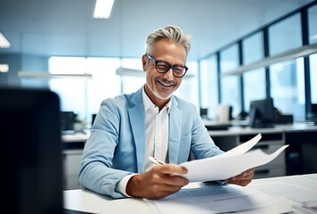 business, technology and people concept - smiling businessman with papers in office - obrazy, fototapety, plakaty