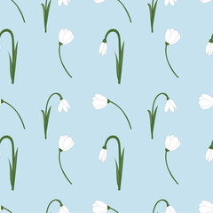 Fototapeta na wymiar Vector seamless pattern with white snowdrop flowers and green leaves on a blue background. Botanical illustration. Field of snowdrops. 