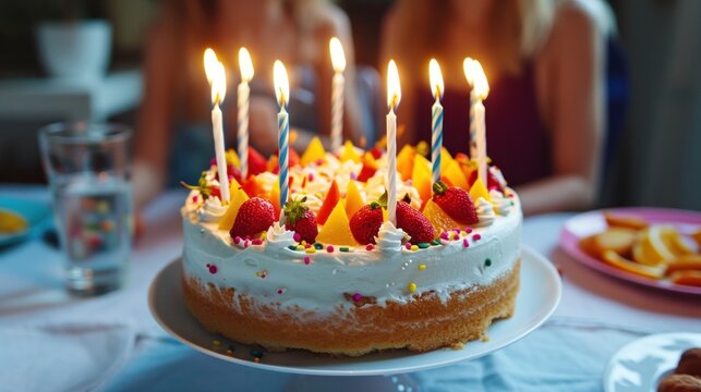Birthday Cake With White Frosting and Lit Candles