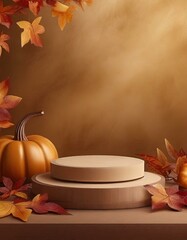 Naklejka na ściany i meble Product podium in autumn warm colors for product presentation. Mockup for branding, packaging, Pumpkin, Halloween