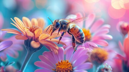Close up photo of a bee in bright neon colors on beautiful vibrant flowers collecting nectar and pollinating. Neon pink, purple, yellow