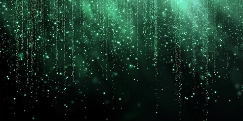 Shiny green glitter rain draping down on black background, sparkling particles celebration background, for party, poster, greeting card, Christmas and St Patrick's Day. - obrazy, fototapety, plakaty