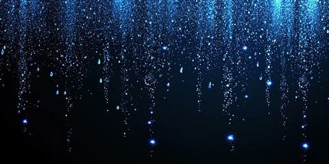 Shiny blue glitter rain draping down on black background, sparkling particles celebration background, for party, poster, greeting card, Christmas and award event.