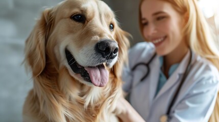 a woman vet doctor is patting a golden retriever in trustful friendship on pet hospital background. - Powered by Adobe