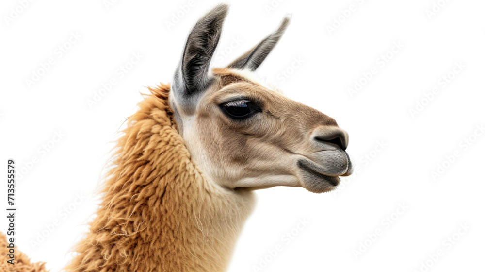 Poster a detailed view of a llama against a plain white background. suitable for various uses