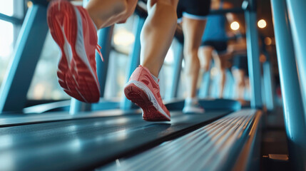 A close-up shot of a person running on a treadmill. This image can be used to depict fitness,...