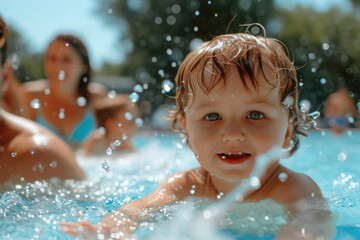 A little boy having fun in the pool, splashing and playing with water. Perfect for summer activities and water play