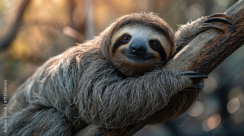 Poster A close-up view of a sloth perched on a tree branch. Perfect for nature and wildlife enthusiasts.