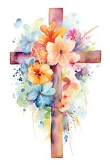 Watercolor cross with flowers. Easter and Religious illustration