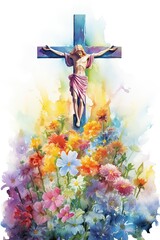 Watercolor cross with flowers. Easter and Religious illustration