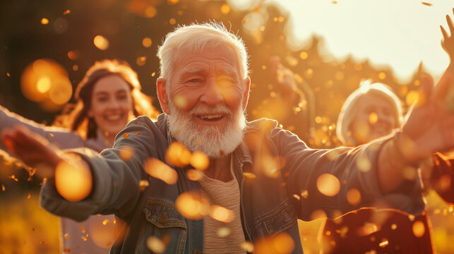 A Heartwarming Scene Of A Senior Man With A Beaming Smile, Surrounded By His Family, Enjoying A Festive Golden Autumn Evening Together.