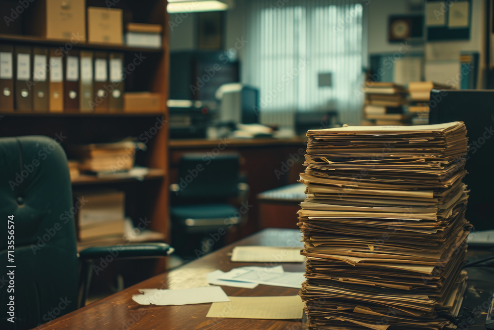 Fototapete A stack of papers neatly arranged on top of a wooden desk. Versatile image suitable for various business, office, or education concepts