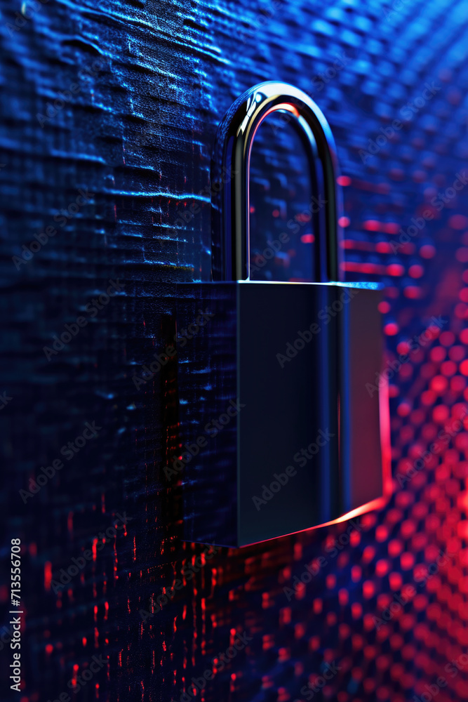 Poster a padlock is pictured on a wall with red and blue lights. this image can be used to represent securi