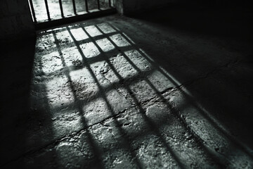 An empty jail cell captured in black and white.