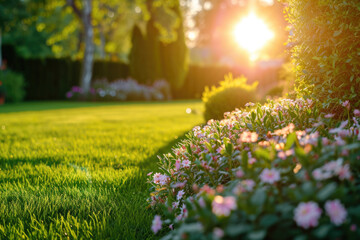 Sun shining brightly on a lush green lawn. Suitable for outdoor and nature-related themes