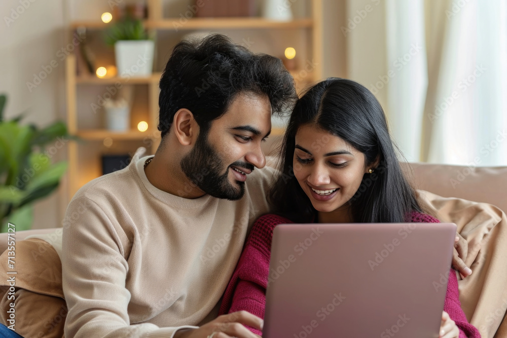 Aufkleber a couple sitting on a couch, engaged in viewing content on a laptop. suitable for depicting modern t