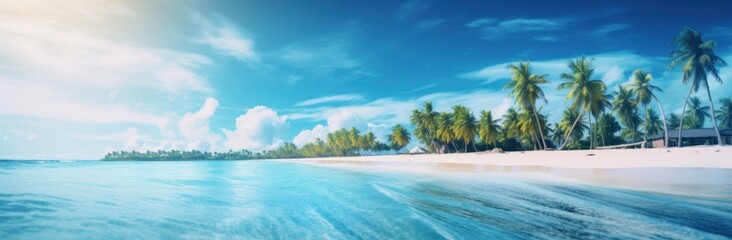 palm trees on a beach near a blue body of water