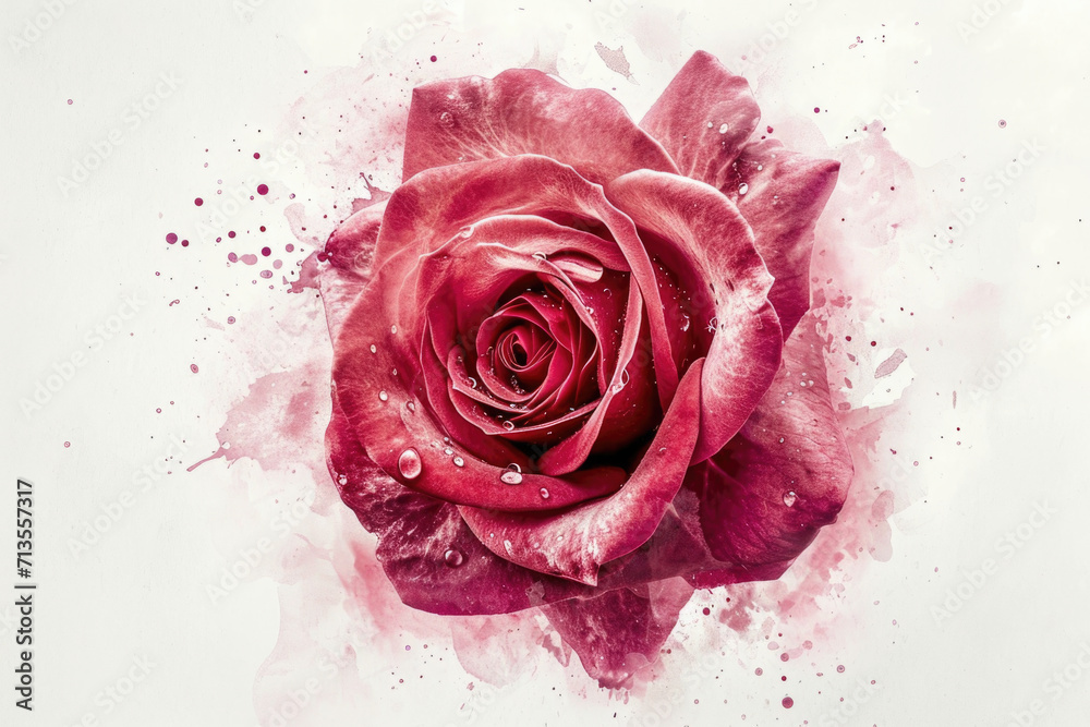 Poster a beautiful red rose with artistic watercolor splatters. perfect for adding a touch of elegance to a