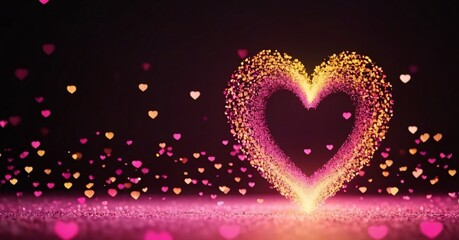 pink and yellow glow particle heart shapes abstract bokeh background.