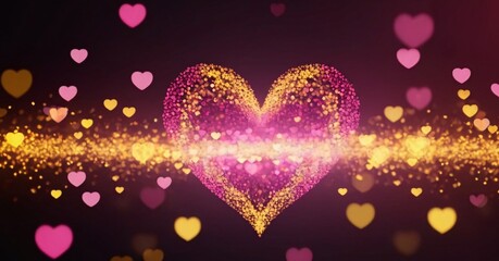 pink and yellow glow particle heart shapes abstract bokeh background. - obrazy, fototapety, plakaty