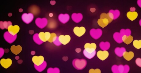 pink and yellow glow particle heart shapes abstract bokeh background.