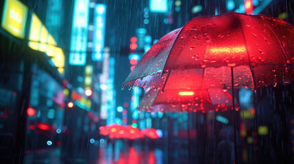A red umbrella providing shelter from the rain on a busy city street. Perfect for illustrating rainy weather or urban scenes - obrazy, fototapety, plakaty