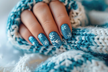 A close-up shot of a woman's hand showcasing a beautiful blue and white manicure. This image can be used for beauty and nail care-related projects