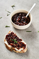 Delicious French Appetizer Freshly Cooked Onion Confit on toast with cream cheese and thyme. Concrete loft background. Breakfast or lunch composition. 