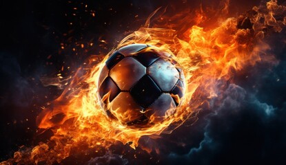 soccer ball in flames on dark background