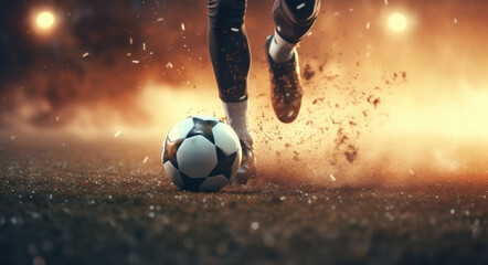 soccer player kicks a soccer ball in the air