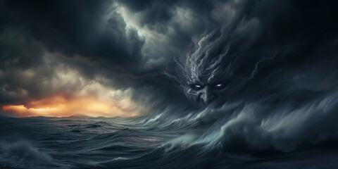 Dark stormy sea with a monster cloud in the sky