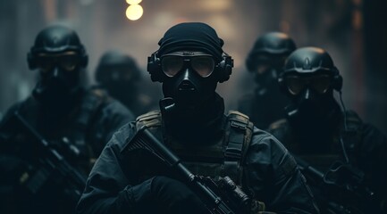 Fototapeta na wymiar soldiers wearing masks and firearms in the dark