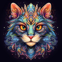 Abstract Colorful Cat Animal God Mandala Bright Artistic Fantasy Mystique Digital Generated Illustration