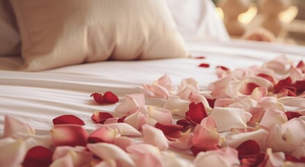 the image is of white rose petals and white silk floral pattern on top of a hotel bed - obrazy, fototapety, plakaty